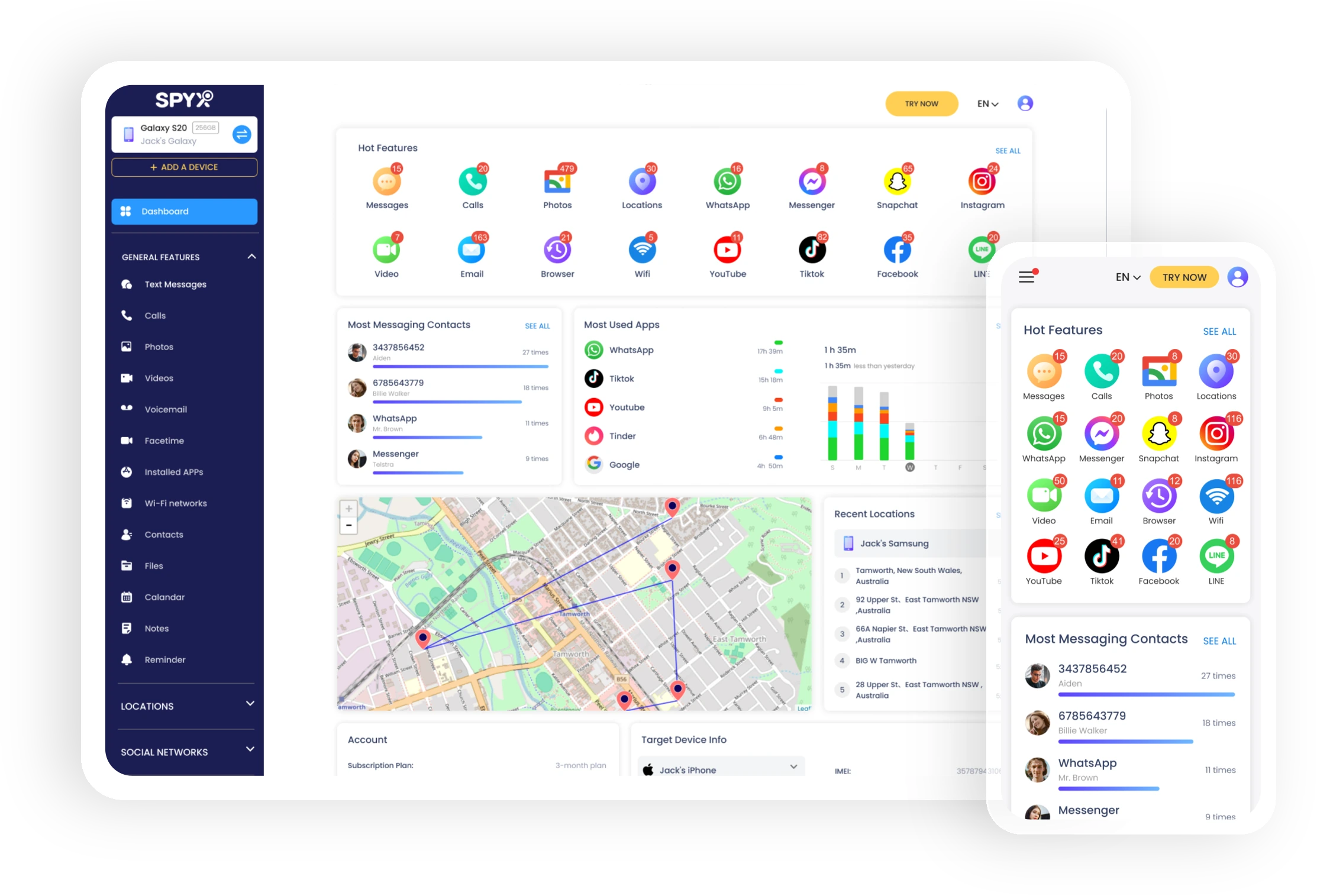 SpyX dashboard and mobile preview